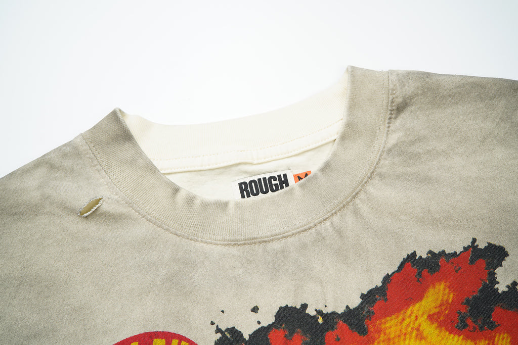 RoughPlay Monster Truck Flame Graphic Distressed Short‑Sleeve Tee Vintage Streetwear T‑Shirt