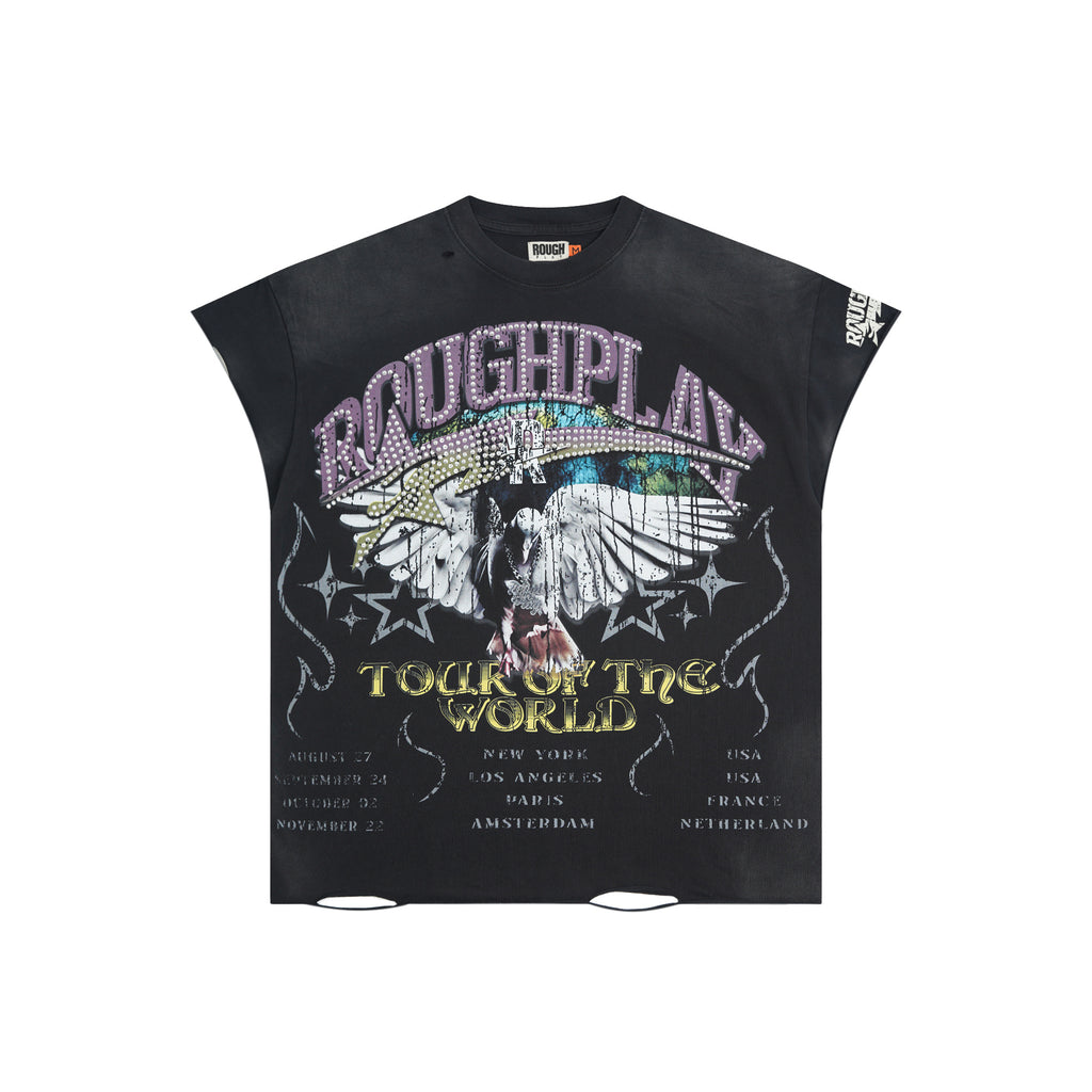 RoughPlay Eagle Tour Graphic Distressed Sleeveless Tee Vintage Rock Streetwear Tank Top