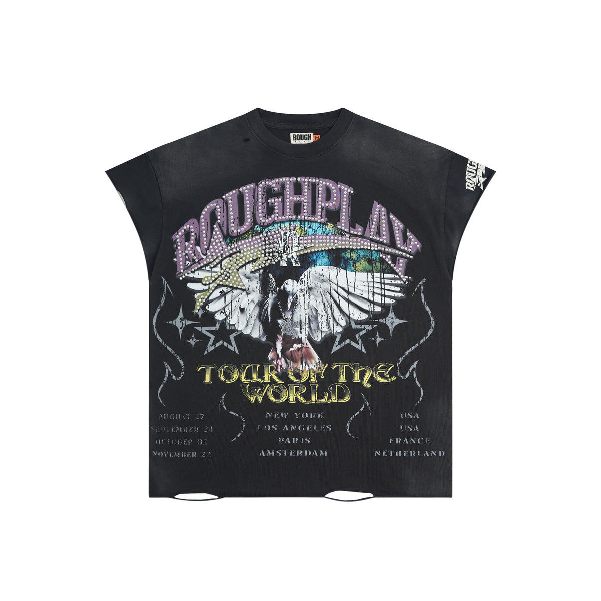RoughPlay Eagle Tour Graphic Distressed Sleeveless Tee Vintage Rock Streetwear Tank Top