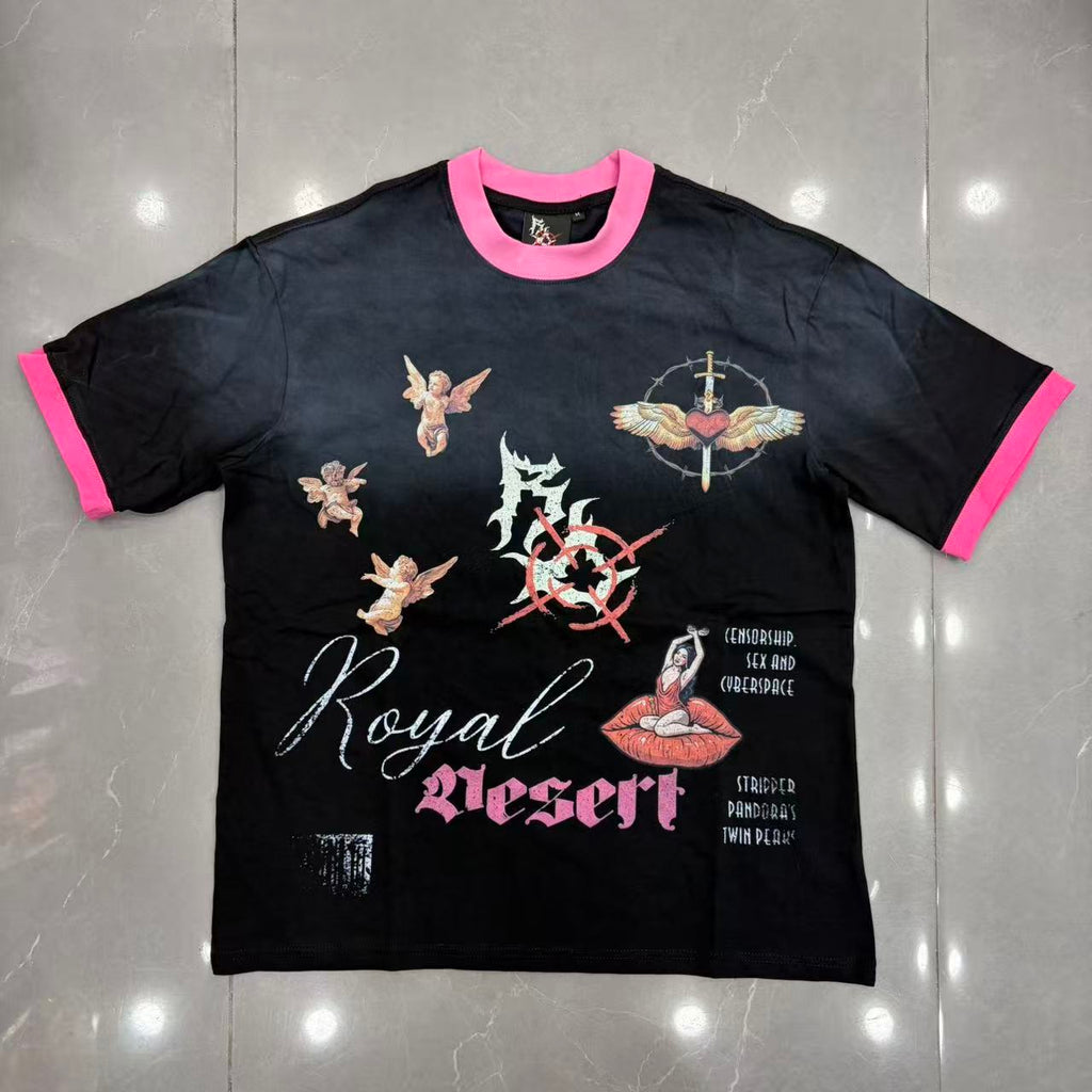 Royal Desert Angel Graphic Contrast Pink Ringer T‑Shirt