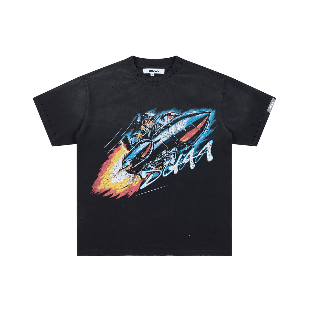DUAA Rocket Fire Flame Vintage Washed Graphic T‑Shirt