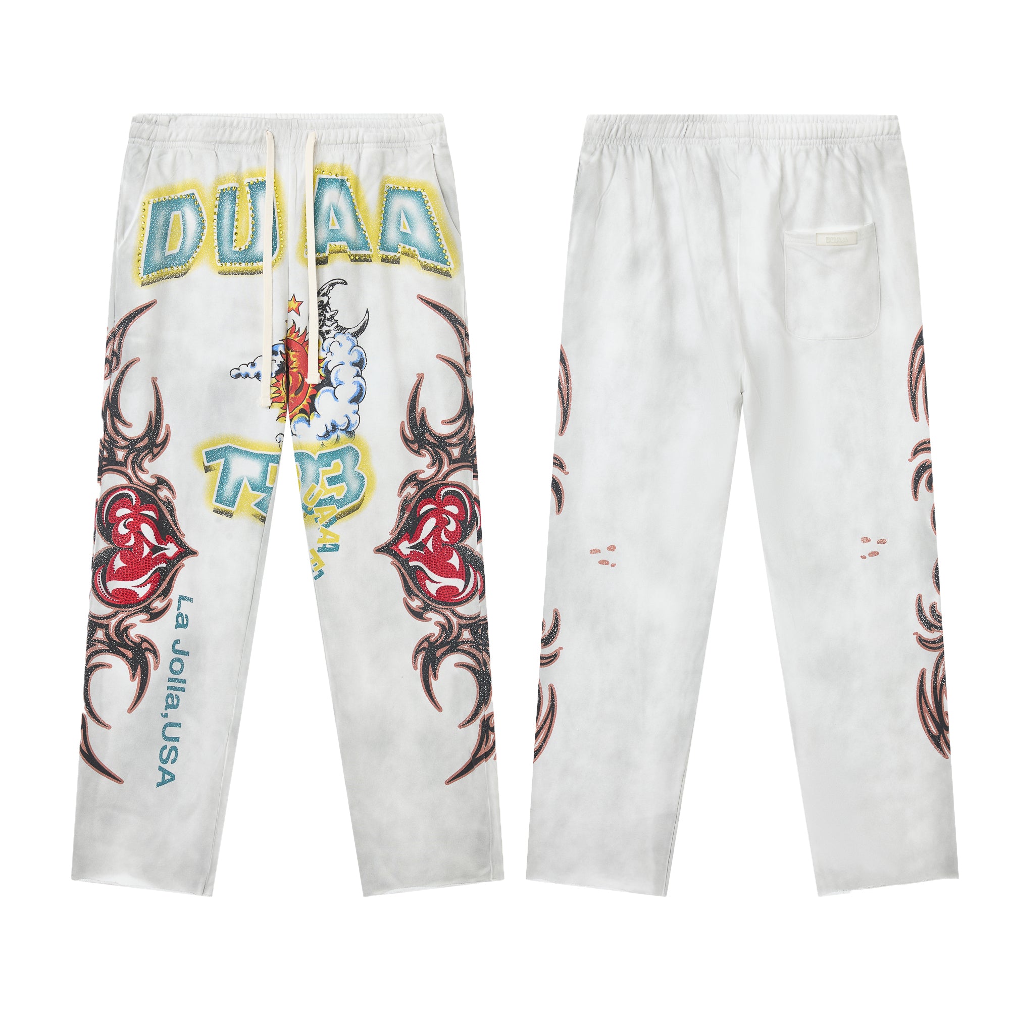 White Washed Heart Letter Graphic Wide Leg Pants
