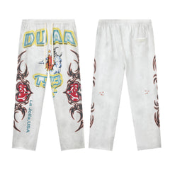 DUAA White Washed Heart Letter Graphic Wide Leg Pants