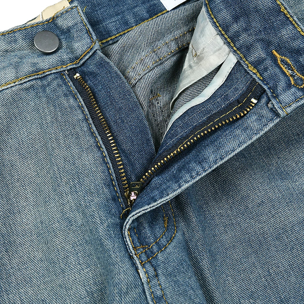 American retro ripped denim pants for young people, daily wear wide leg straight leg washed and worn blue jeans