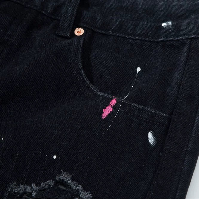 Gallery Dept Retro Washed, Used, Splashed Ink Knife Cut, Damaged Holes, Burrows, Adhesive Cloth Denim Shorts for Men and Women