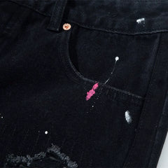 Gallery Dept Retro Washed, Used, Splashed Ink Knife Cut, Damaged Holes, Burrows, Adhesive Cloth Denim Shorts for Men and Women