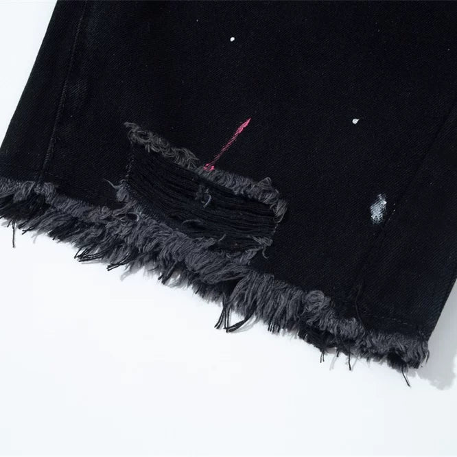 Gallery Dept Retro Washed, Used, Splashed Ink Knife Cut, Damaged Holes, Burrows, Adhesive Cloth Denim Shorts for Men and Women