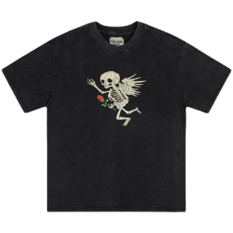 GALLERY DEPT retro washed old angel skull rose print short sleeve men and women loose T-shirt summer