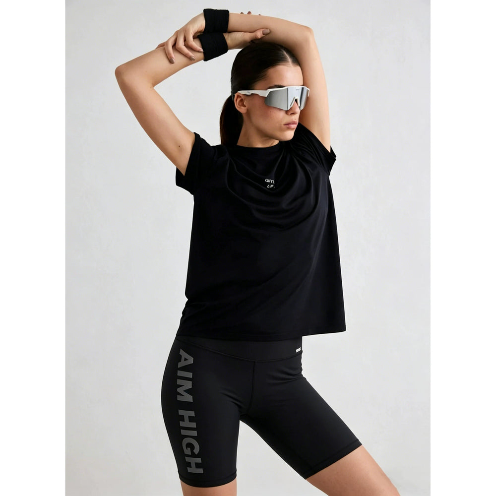 AIMN women's high waisted yoga shorts with moisture absorption, quick drying, letter printing, hip lifting, tight fitting sports five quarter pants