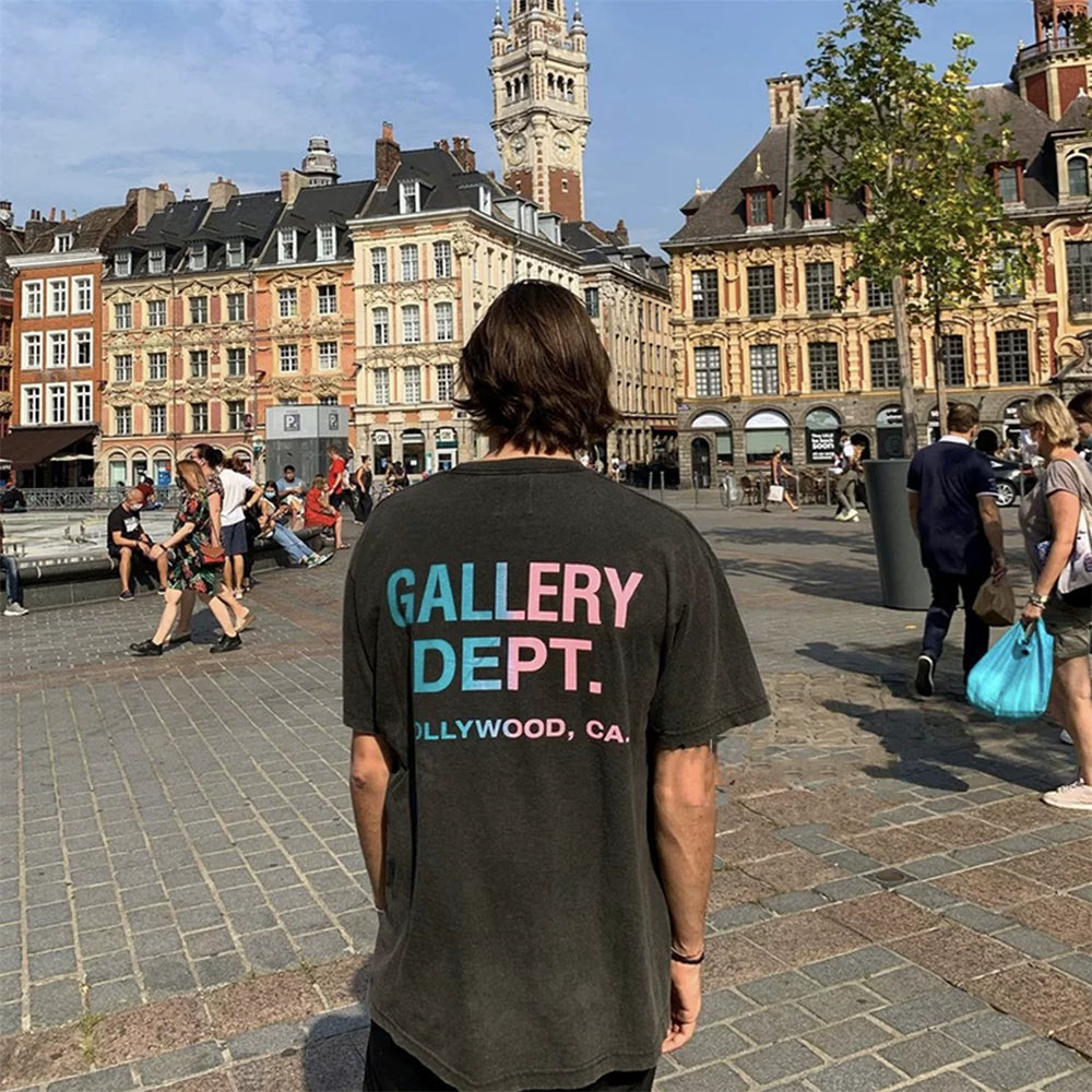 GALLERY DEPT High Street Washed Vintage Colorful Letter Printed Short Sleeve Loose BF Trend Brand Bottom T-shirt