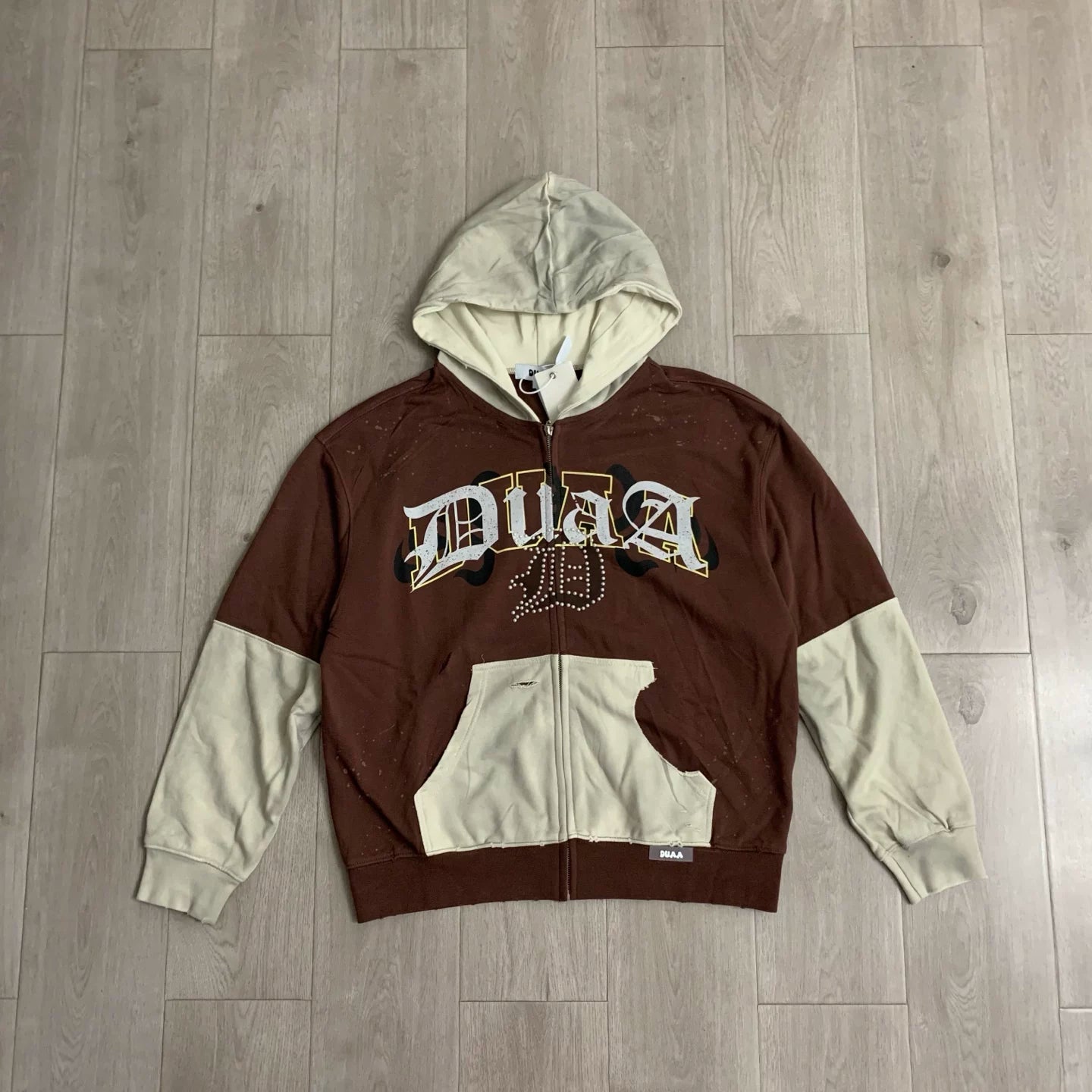 DUAA American Street Color blocked Fake Two piece Zipper Hoodie for Men Autumn Letter Printed Loose Retro Hoodie