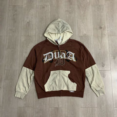 DUAA American Street Color blocked Fake Two piece Zipper Hoodie for Men Autumn Letter Printed Loose Retro Hoodie