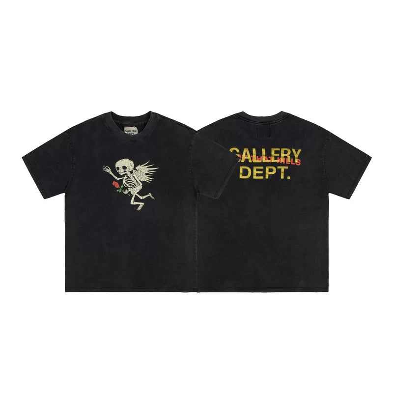 GALLERY DEPT retro washed old angel skull rose print short sleeve men and women loose T-shirt summer
