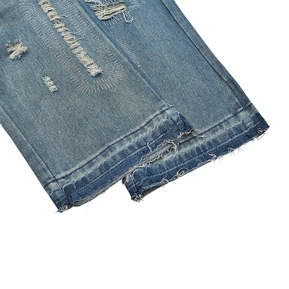 American retro ripped denim pants for young people, daily wear wide leg straight leg washed and worn blue jeans