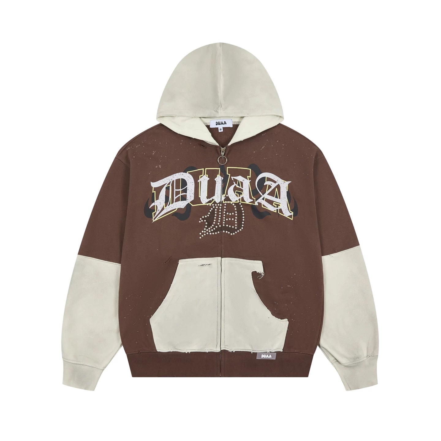 DUAA American Street Color blocked Fake Two piece Zipper Hoodie for Men Autumn Letter Printed Loose Retro Hoodie