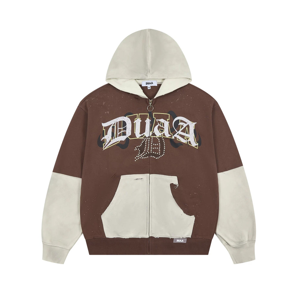 DUAA American Street Color blocked Fake Two piece Zipper Hoodie for Men Autumn Letter Printed Loose Retro Hoodie