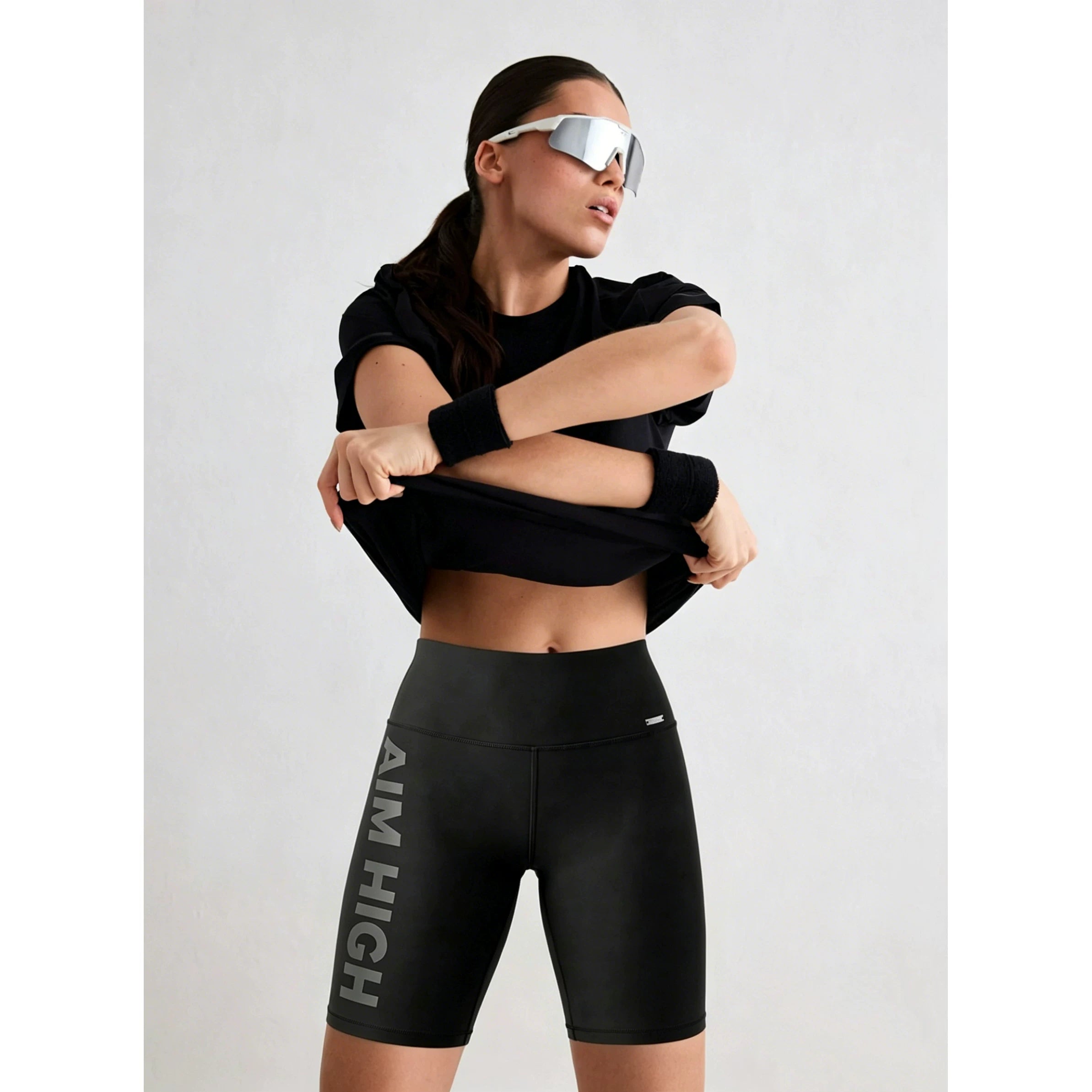 AIMN women's high waisted yoga shorts with moisture absorption, quick drying, letter printing, hip lifting, tight fitting sports five quarter pants