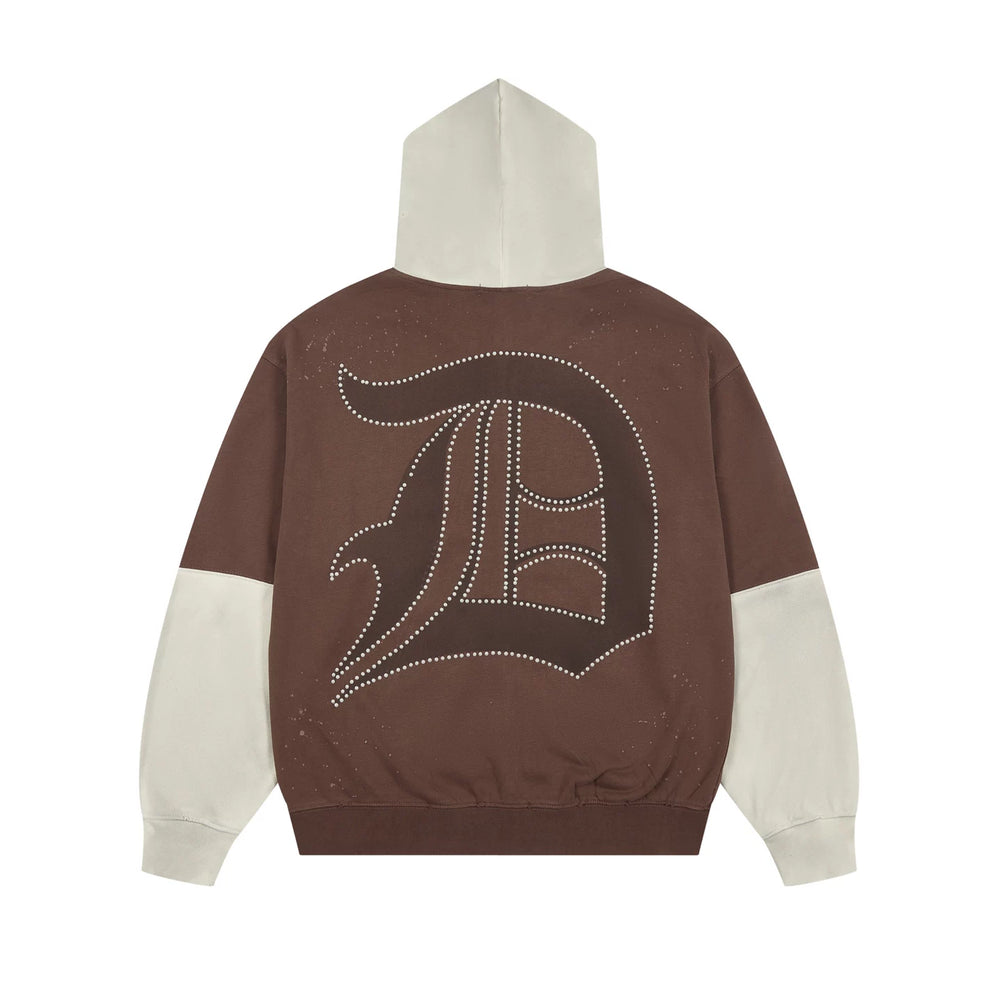 DUAA American Street Color blocked Fake Two piece Zipper Hoodie for Men Autumn Letter Printed Loose Retro Hoodie