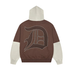 DUAA American Street Color blocked Fake Two piece Zipper Hoodie for Men Autumn Letter Printed Loose Retro Hoodie