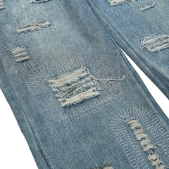 American retro ripped denim pants for young people, daily wear wide leg straight leg washed and worn blue jeans