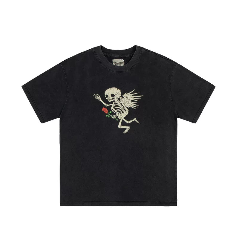 GALLERY DEPT retro washed old angel skull rose print short sleeve men and women loose T-shirt summer