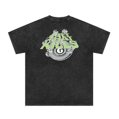 Creative big eyed printed short sleeved T-shirt for men and women, loose cotton T-shirt for high street fashion brands, washed and worn T-shirt