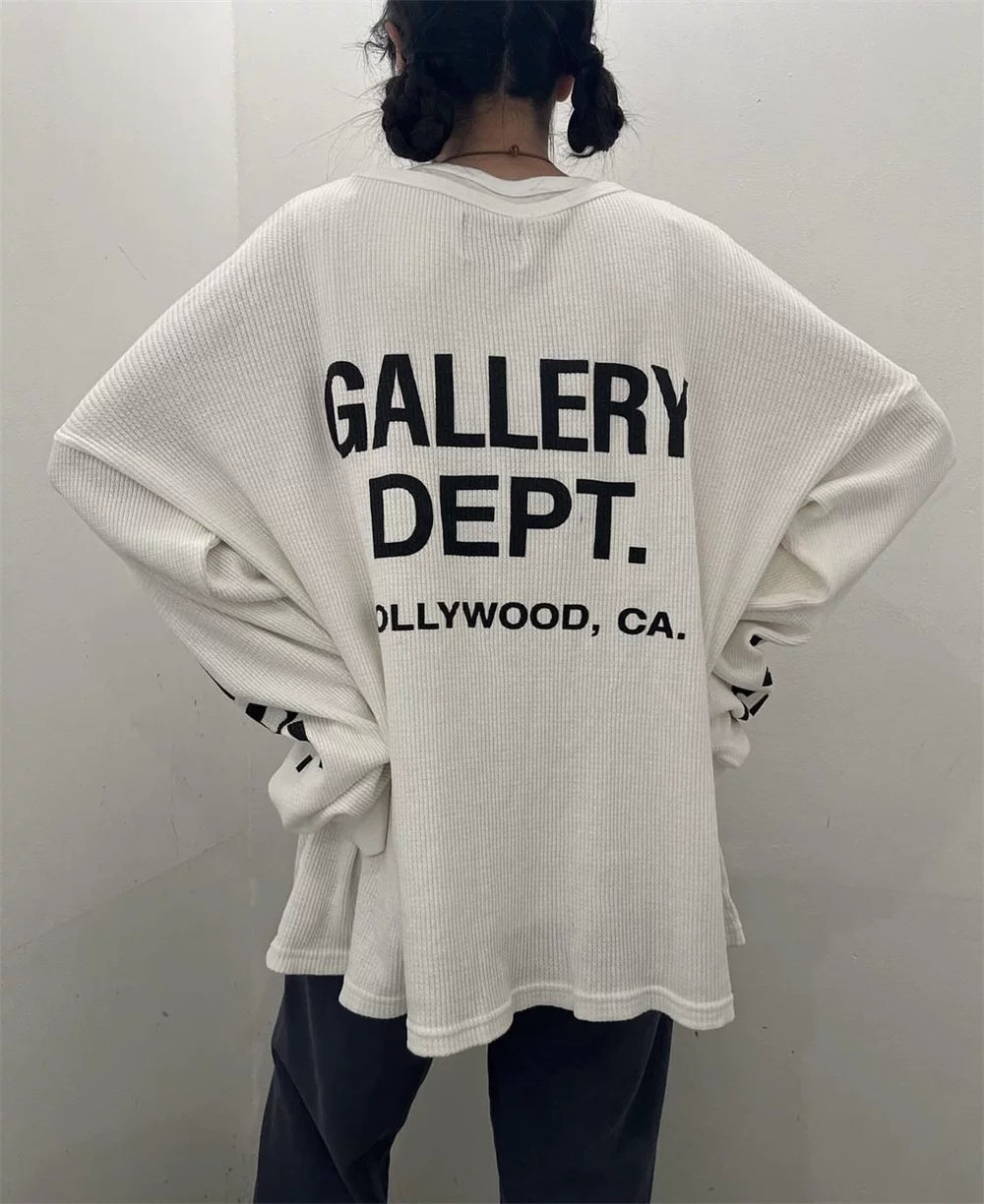 Gallery Dept letter printed logo high street trendy waffle grid long sleeved T-shirt autumn loose base shirt