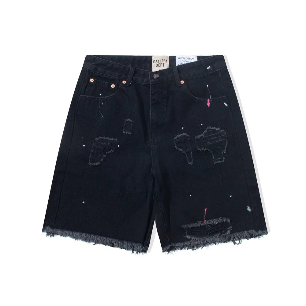 Gallery Dept Retro Washed, Used, Splashed Ink Knife Cut, Damaged Holes, Burrows, Adhesive Cloth Denim Shorts for Men and Women