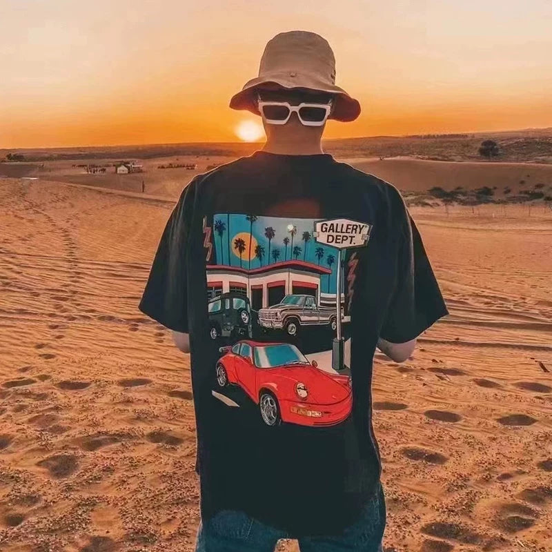 Gallery Depot Vintage Washed Vintage Cartoon Car Short Sleeve Vintage Loose Casual T-shirt Summer