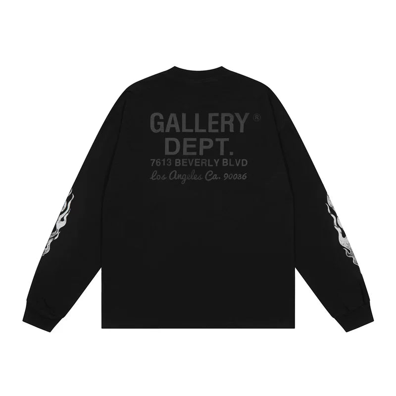 Gallery dept flame print loose long sleeve T-shirt Street trend hip hop ins pure cotton round neck bottomed shirt