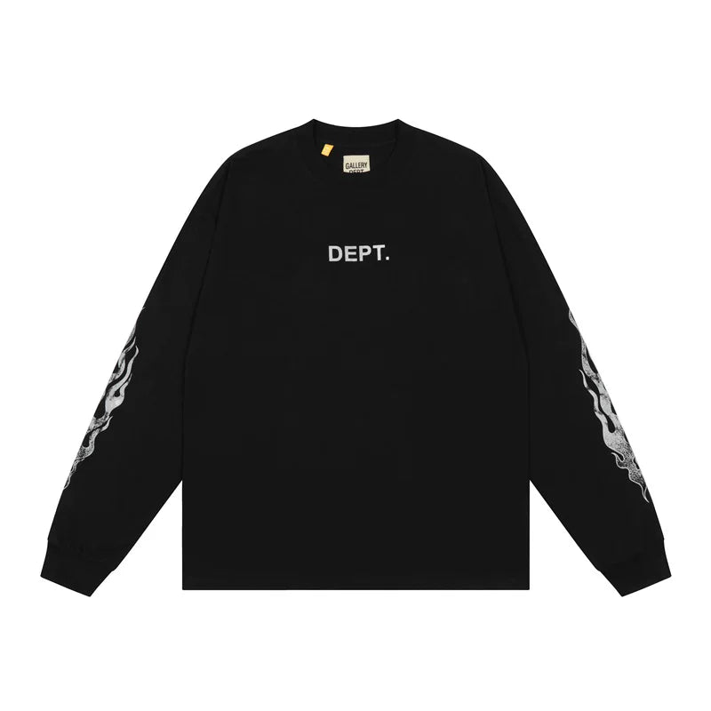 Gallery dept flame print loose long sleeve T-shirt Street trend hip hop ins pure cotton round neck bottomed shirt