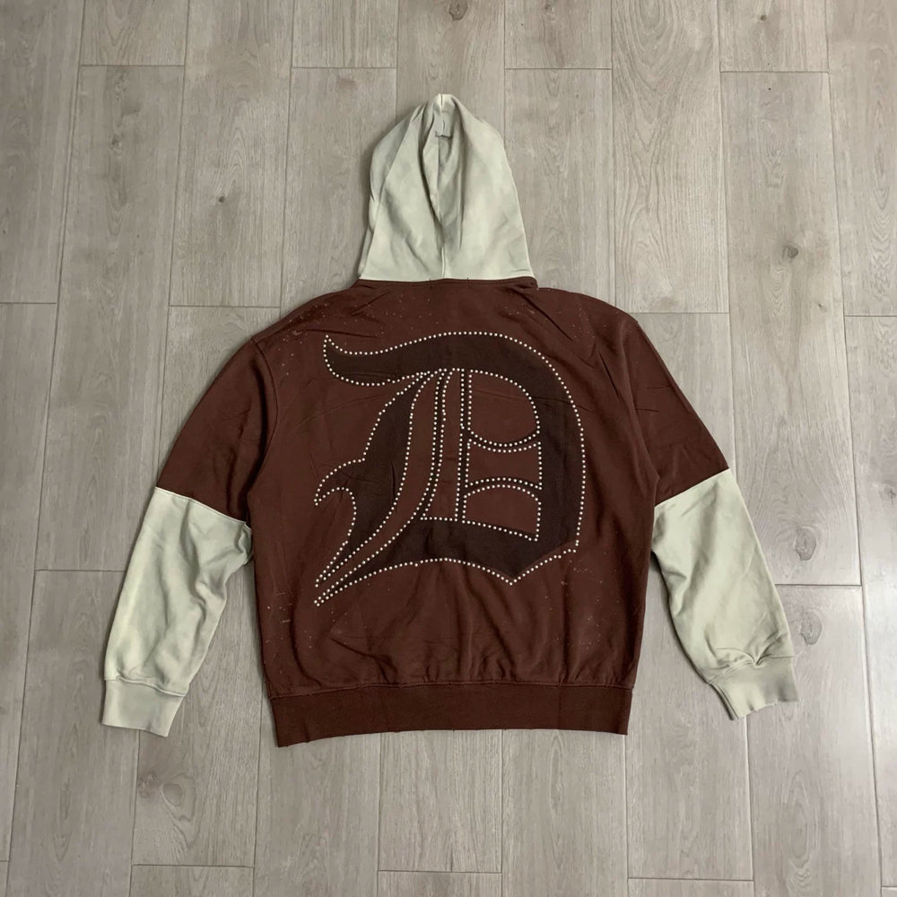 DUAA American Street Color blocked Fake Two piece Zipper Hoodie for Men Autumn Letter Printed Loose Retro Hoodie