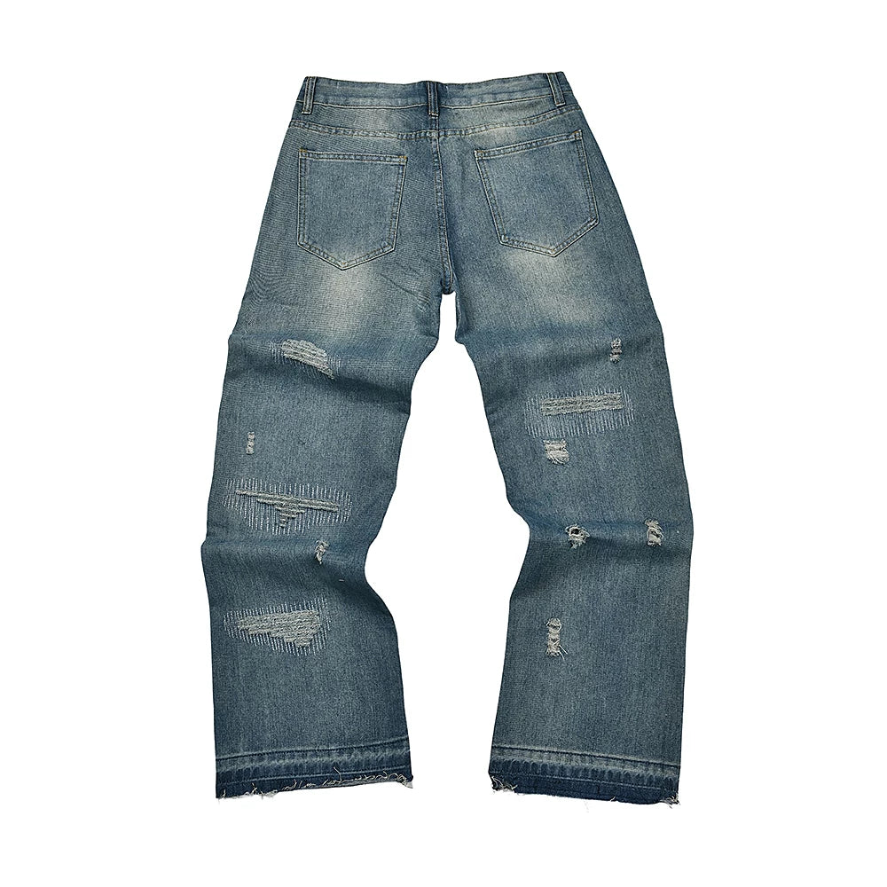 American retro ripped denim pants for young people, daily wear wide leg straight leg washed and worn blue jeans