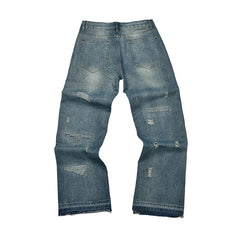 American retro ripped denim pants for young people, daily wear wide leg straight leg washed and worn blue jeans