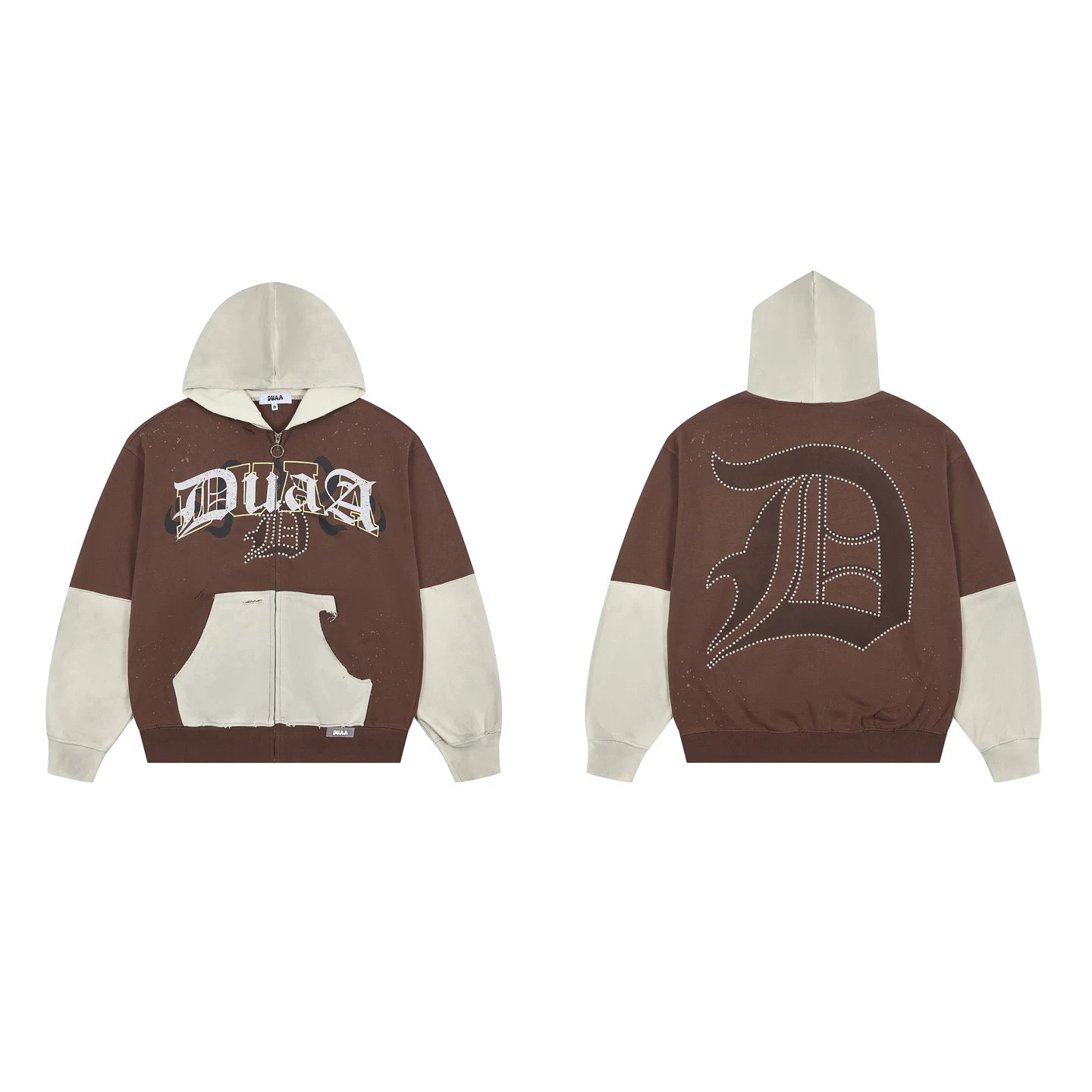 DUAA American Street Color blocked Fake Two piece Zipper Hoodie for Men Autumn Letter Printed Loose Retro Hoodie