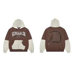 DUAA American Street Color blocked Fake Two piece Zipper Hoodie for Men Autumn Letter Printed Loose Retro Hoodie