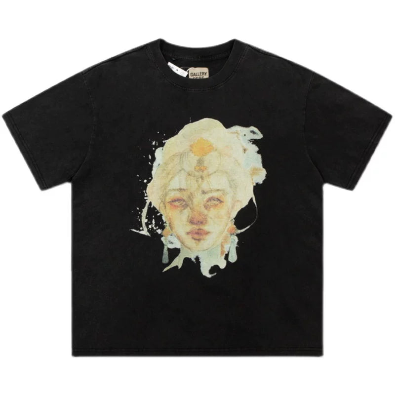 GALLERY DEPT Retro T-shirt Summer Pure Cotton Short Sleeve Vintage Portrait Printed High Street Trendy Brand Round Neck Shirt