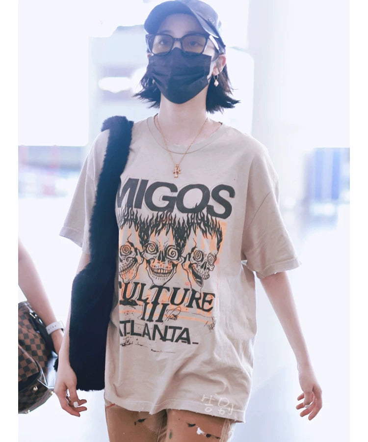 Midea GALLERY DEPT MIGOS Atlanta limited edition hot stamping design washed and worn short sleeved T-shirt for summer