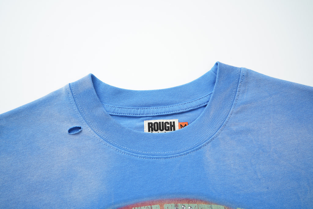 RoughPlay Sunset Warrior Sunflower Graphic Distressed Short‑Sleeve Tee Vintage Streetwear T‑Shirt