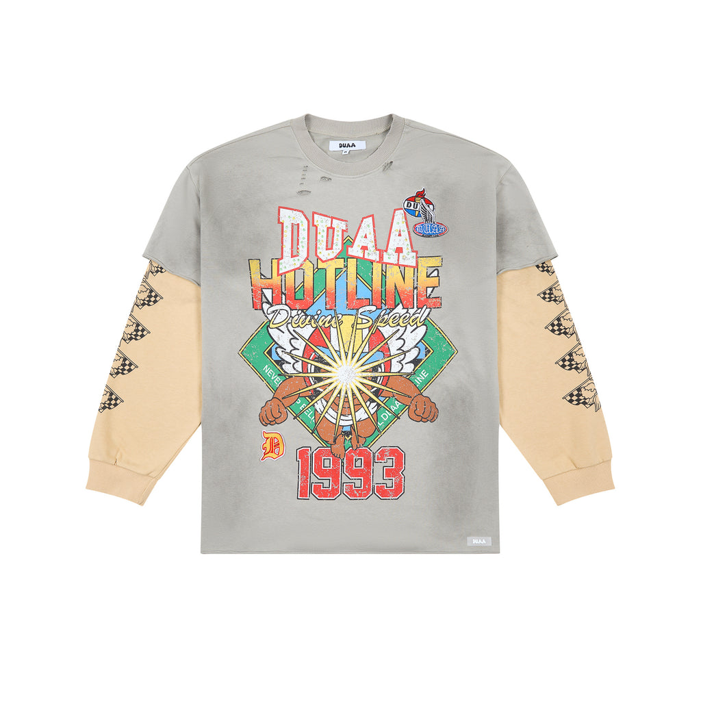 DUAA Hotline 1993 Retro Graphic Layered‑Look Long‑Sleeve Tee Vintage Streetwear T‑Shirt
