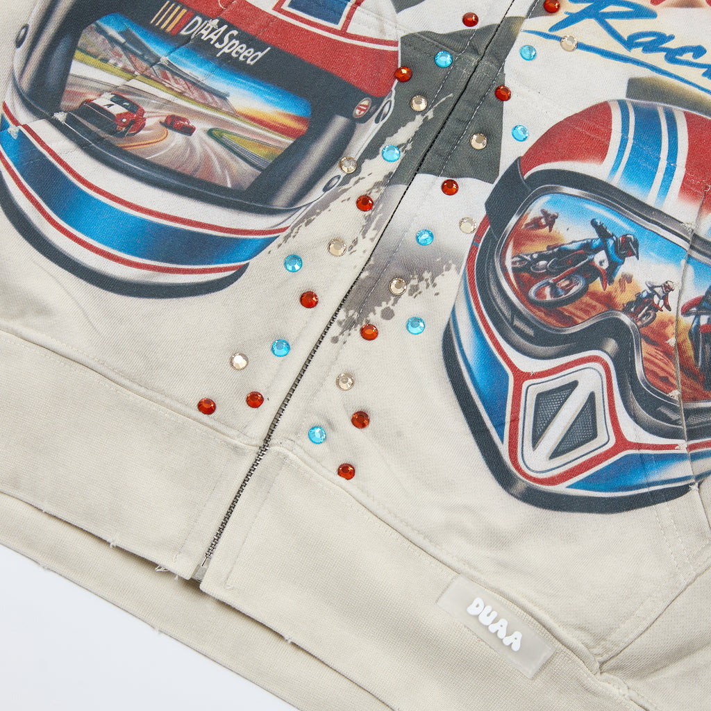 DUAA Racing Helmet Graphic Zip‑Up Hoodie Vintage Streetwear Hooded Jacket