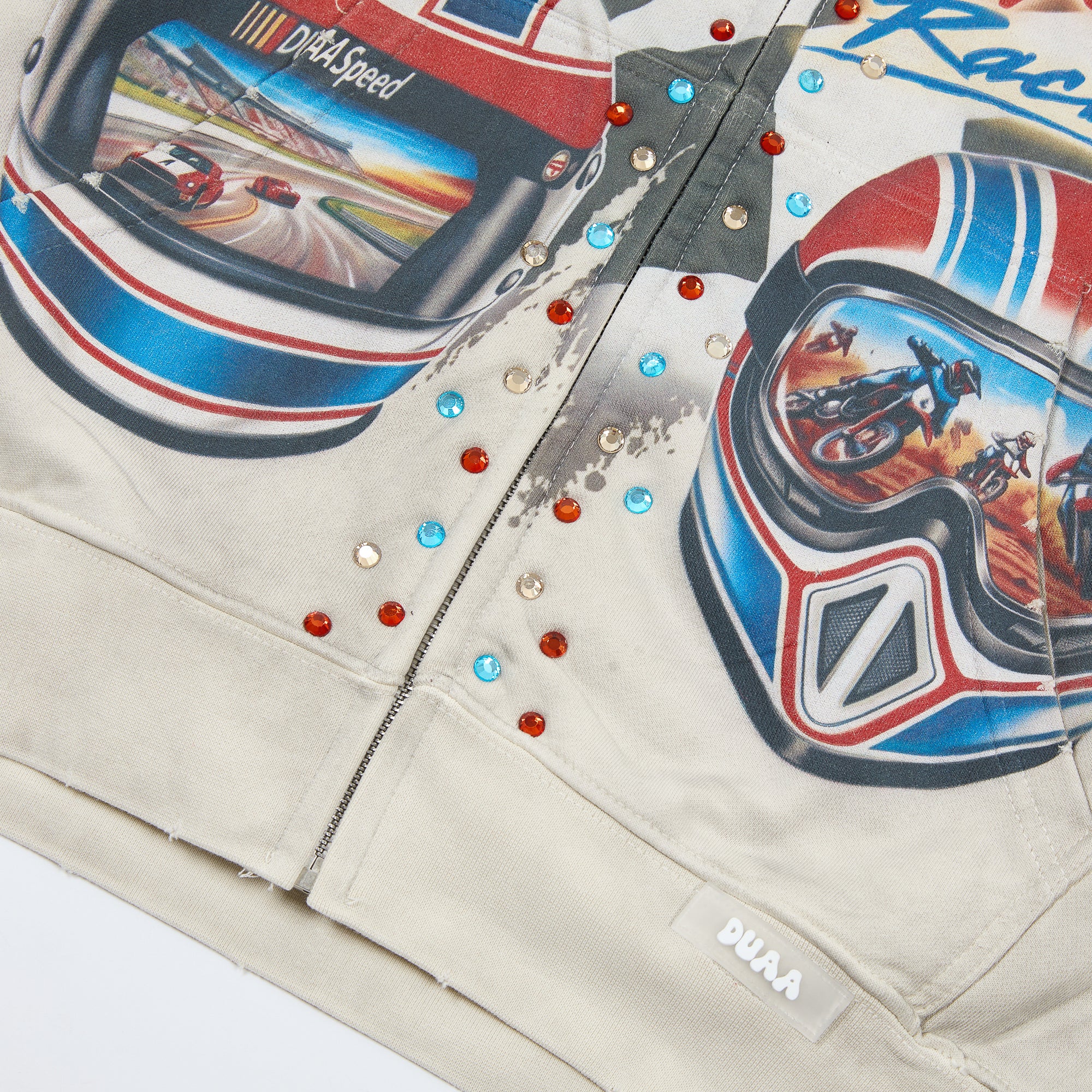 DUAA Racing Helmet Graphic Zip‑Up Hoodie Vintage Streetwear Hooded Jacket