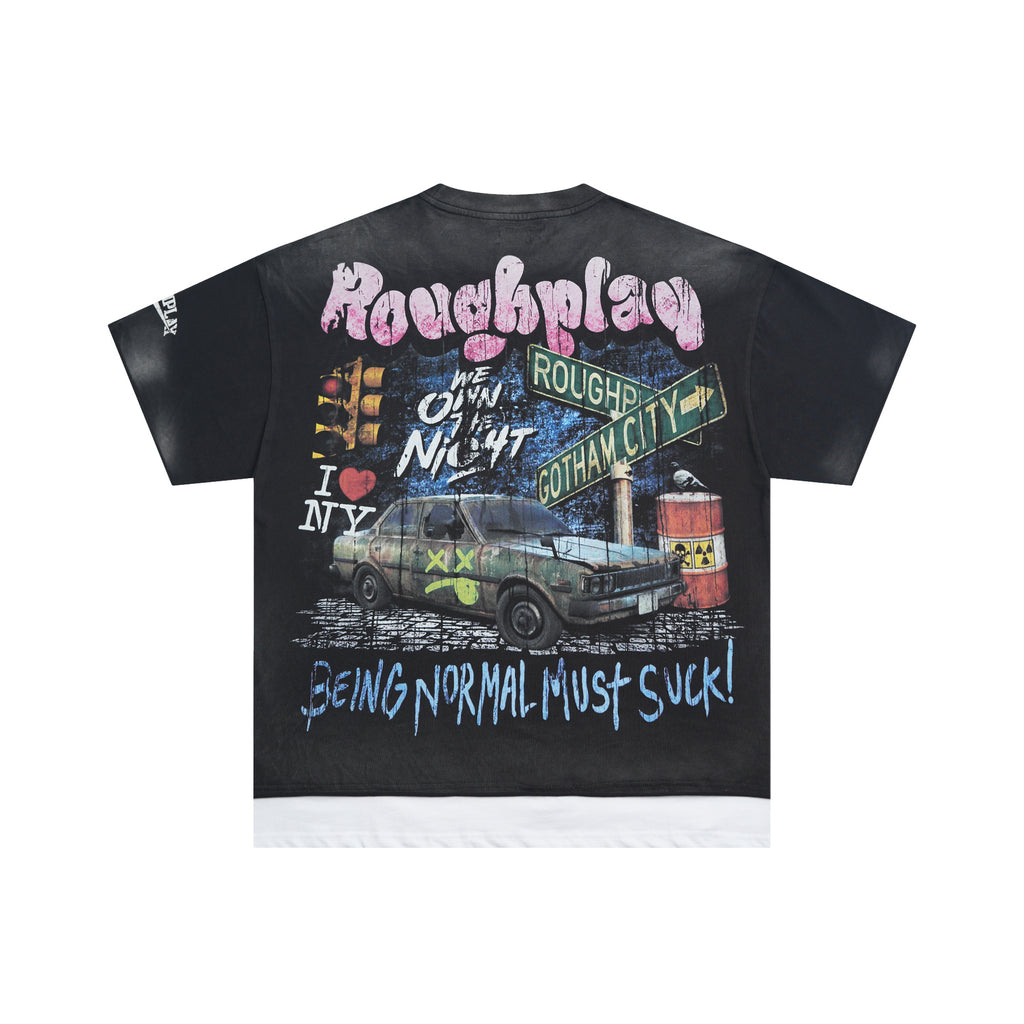 RoughPlay Street Car Graphic Distressed Short‑Sleeve Tee Vintage Streetwear T‑Shirt