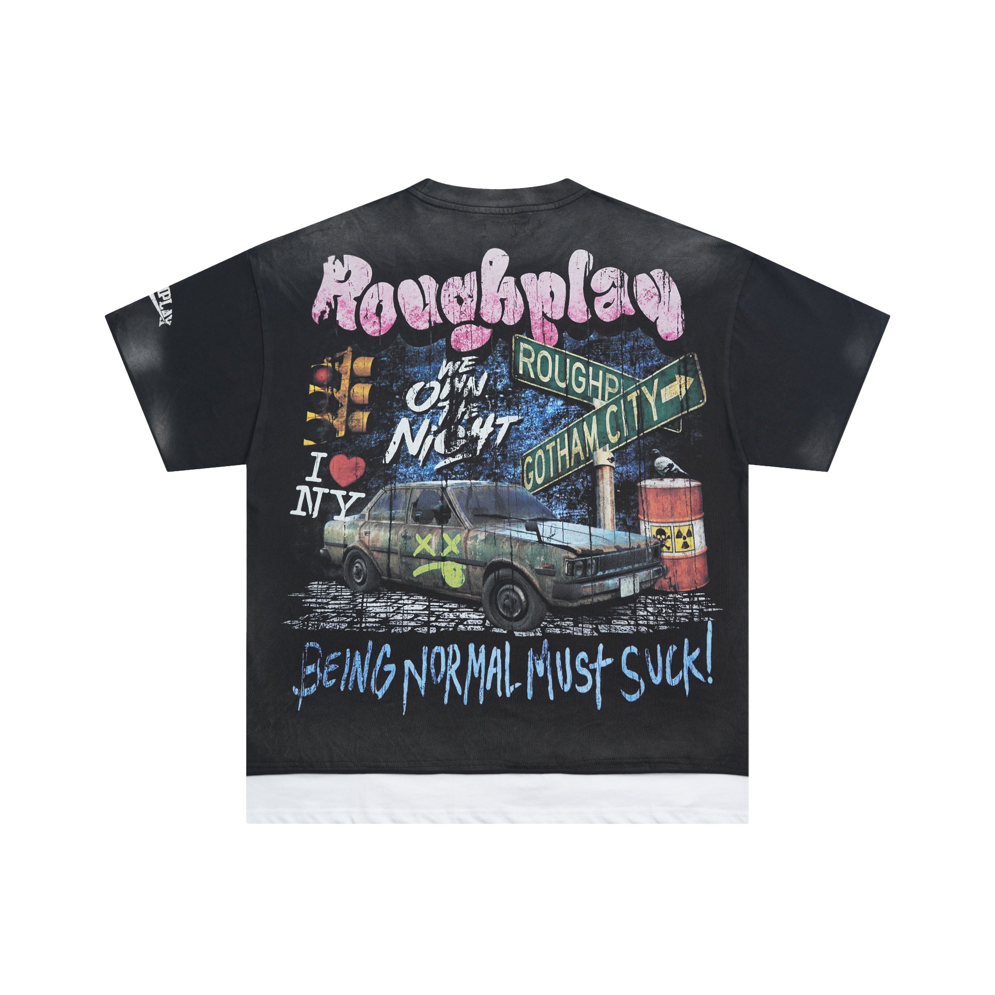 RoughPlay Street Car Graphic Distressed Short‑Sleeve Tee Vintage Streetwear T‑Shirt
