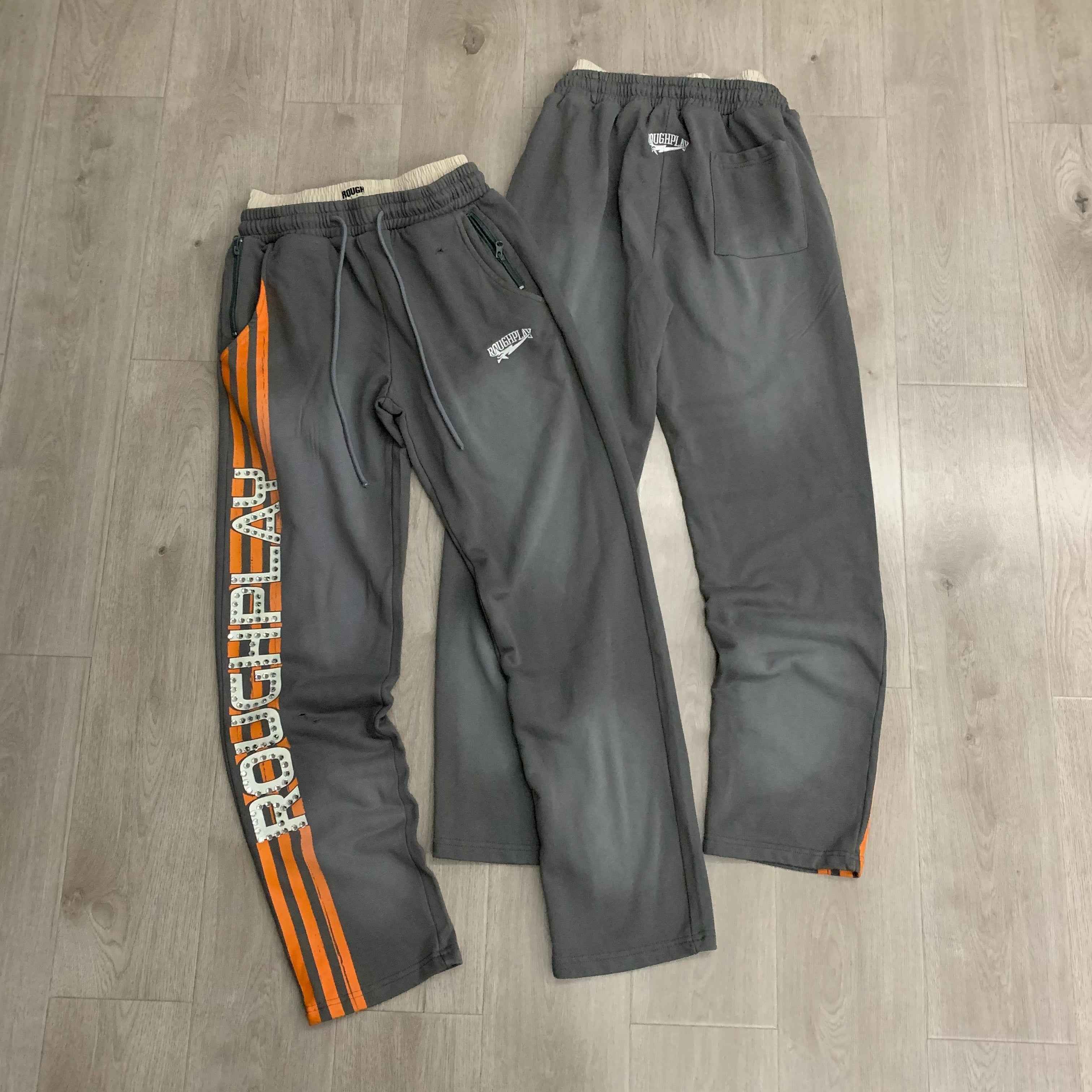 RoughPlay Dark‑Grey Orange Side Stripe Letter Straight Leg Sweatpants