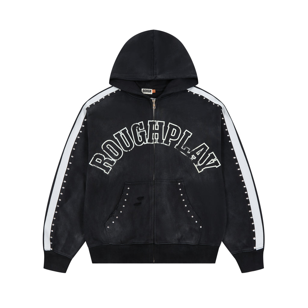 RoughPlay Varsity Letter Stripe Zip‑Up Vintage Hoodie