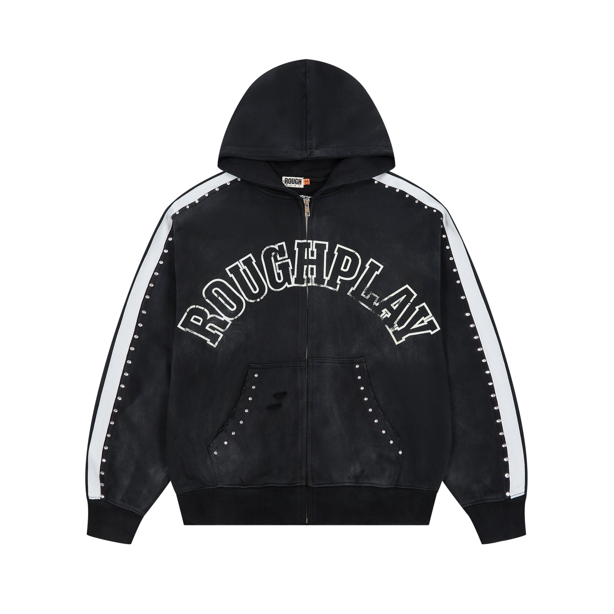 RoughPlay Varsity Letter Stripe Zip‑Up Vintage Hoodie
