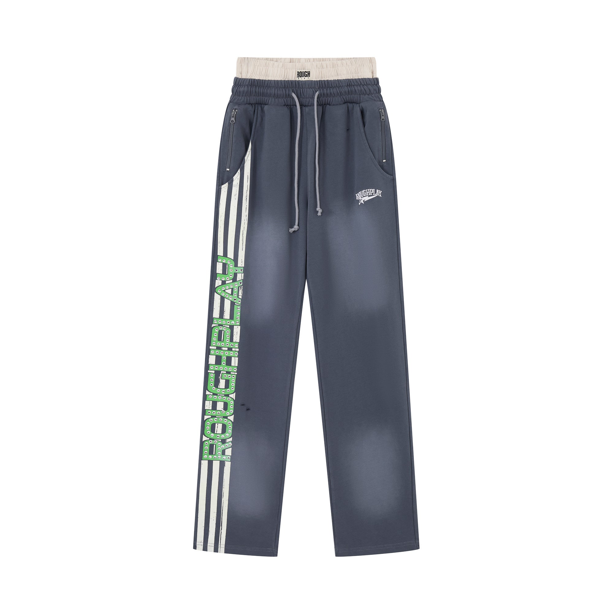 RoughPlay Dark Grey Side Stripe Green Letter Straight Leg Sweatpants