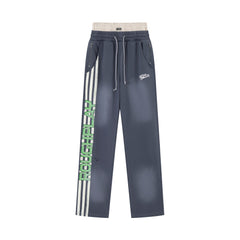 RoughPlay Dark Grey Side Stripe Green Letter Straight Leg Sweatpants