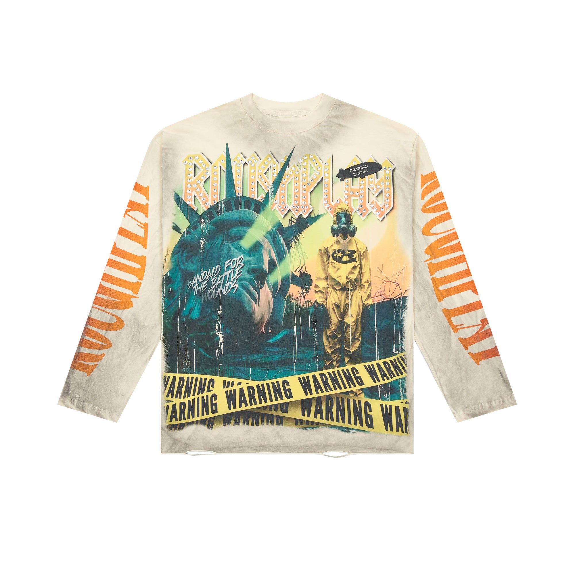 RoughPlay Warning Tape Statue Of Liberty Off‑White Vintage Distressed Long Sleeve Tee